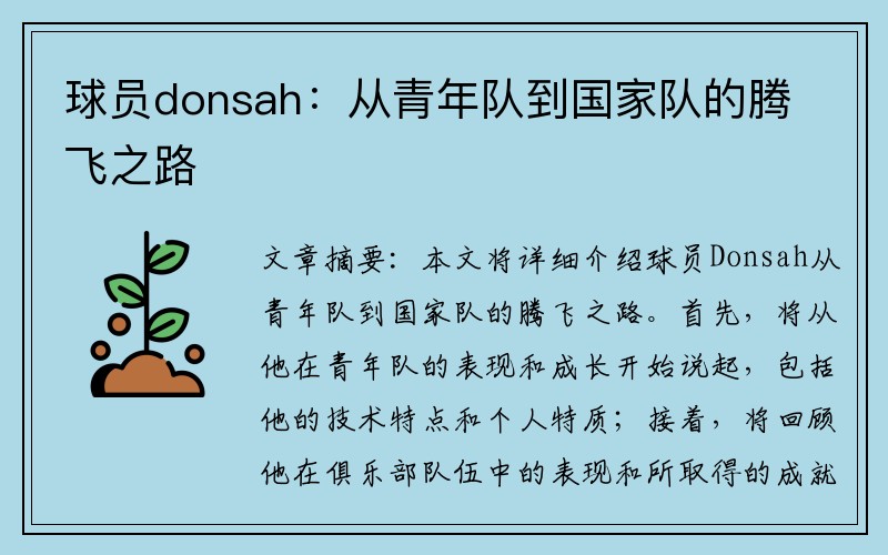 球员donsah：从青年队到国家队的腾飞之路